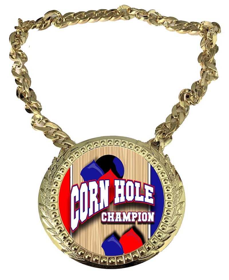 Express Medals Cornhole Bag Toss Champ Chain Trophy Award with a Center Plaque Plate Measuring 6 by 5.25 Inches and Includes a 34 Inch Chain with Black Velvet Presentation Bag. - Image 1